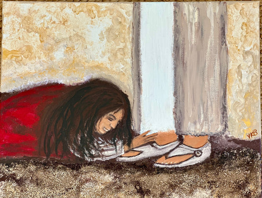 At the Feet of Jesus on Canvas 16x20 Mixed Media