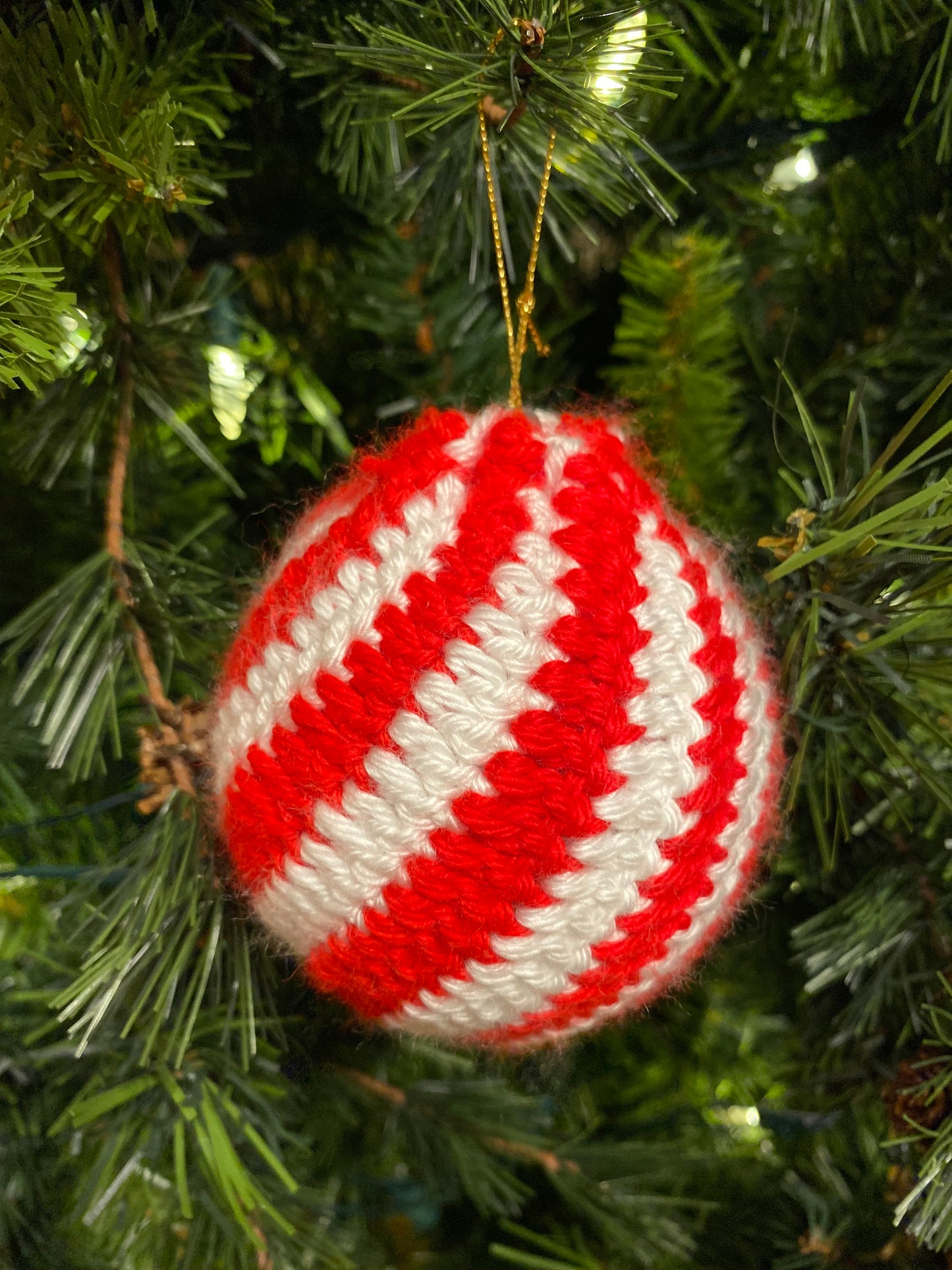 Grandma Wilma’s Vintage Hand-Knit Christmas Ornament Red/White Stripe