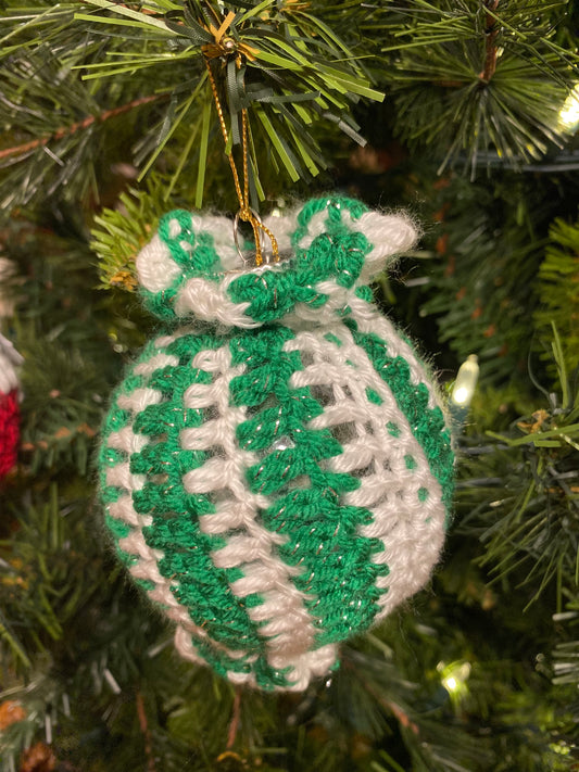 Grandma Wilma’s Vintage Hand-Knit Christmas Ornament Green White Stripe