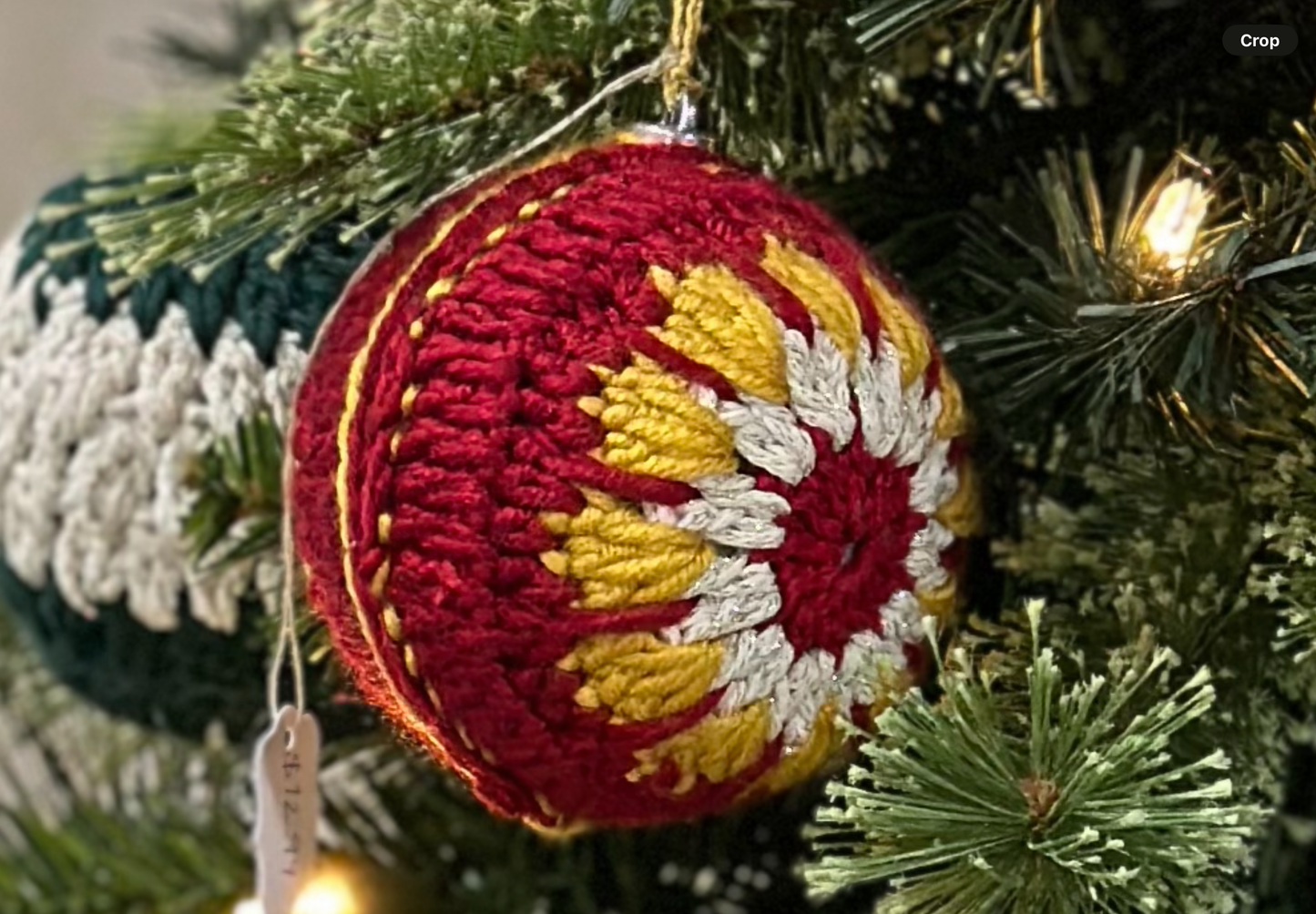 Grandma Wilma’s Vintage Hand Knit Christmas Ornament- red/yellow/white