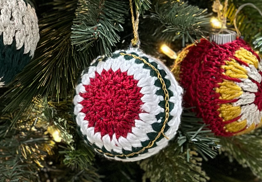 Grandma Wilma’s Vintage Hand-Knit Christmas Ornament- red/white/green